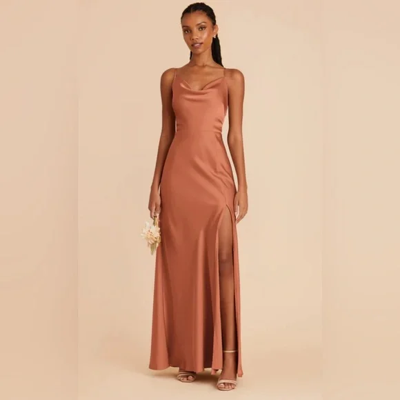 Birdy Grey | Dresses | Birdy Grey Lisa Long Dress Slit Maxi Cowl Neck Strap  Matte Satin Terracotta | Poshmark